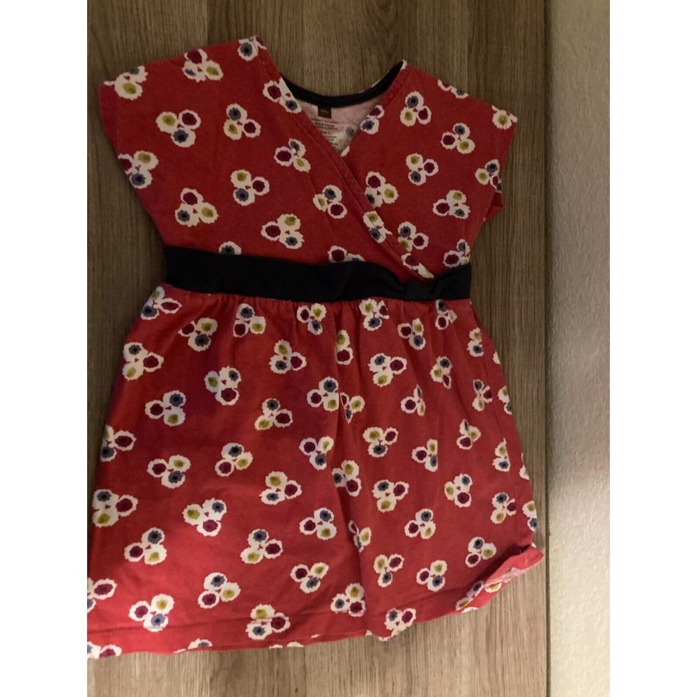 Tea Collection Red Floral Print Short Sleeve Dress Navy Blue Trim 2